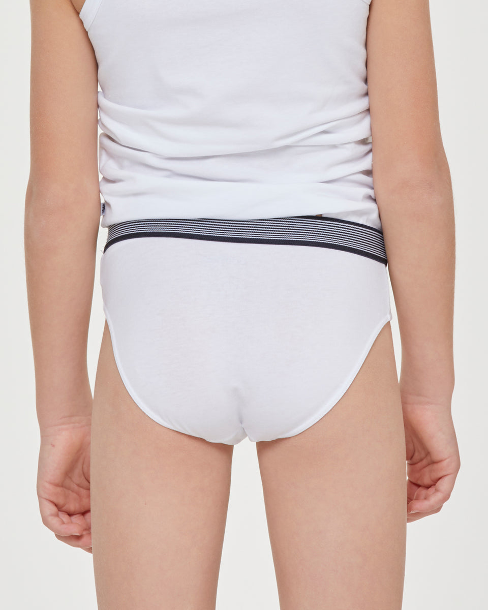 Boys' organic cotton briefs with striped waistband, white, Kids' Underwear