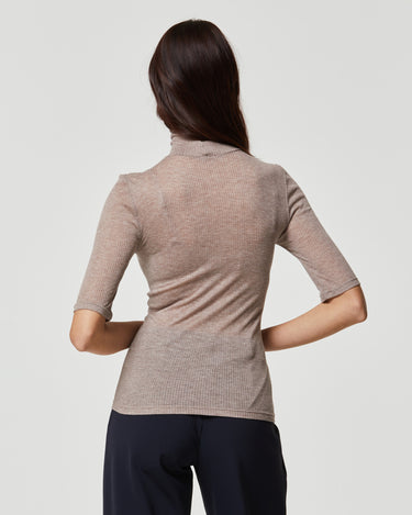 Maglia rib manica corta collo alto in modal cashmere a costine