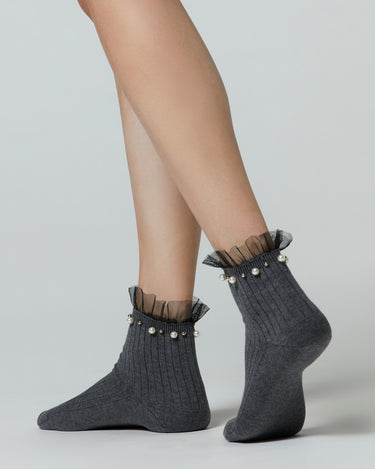 Verona ribbed cotton ankle socks with pearls