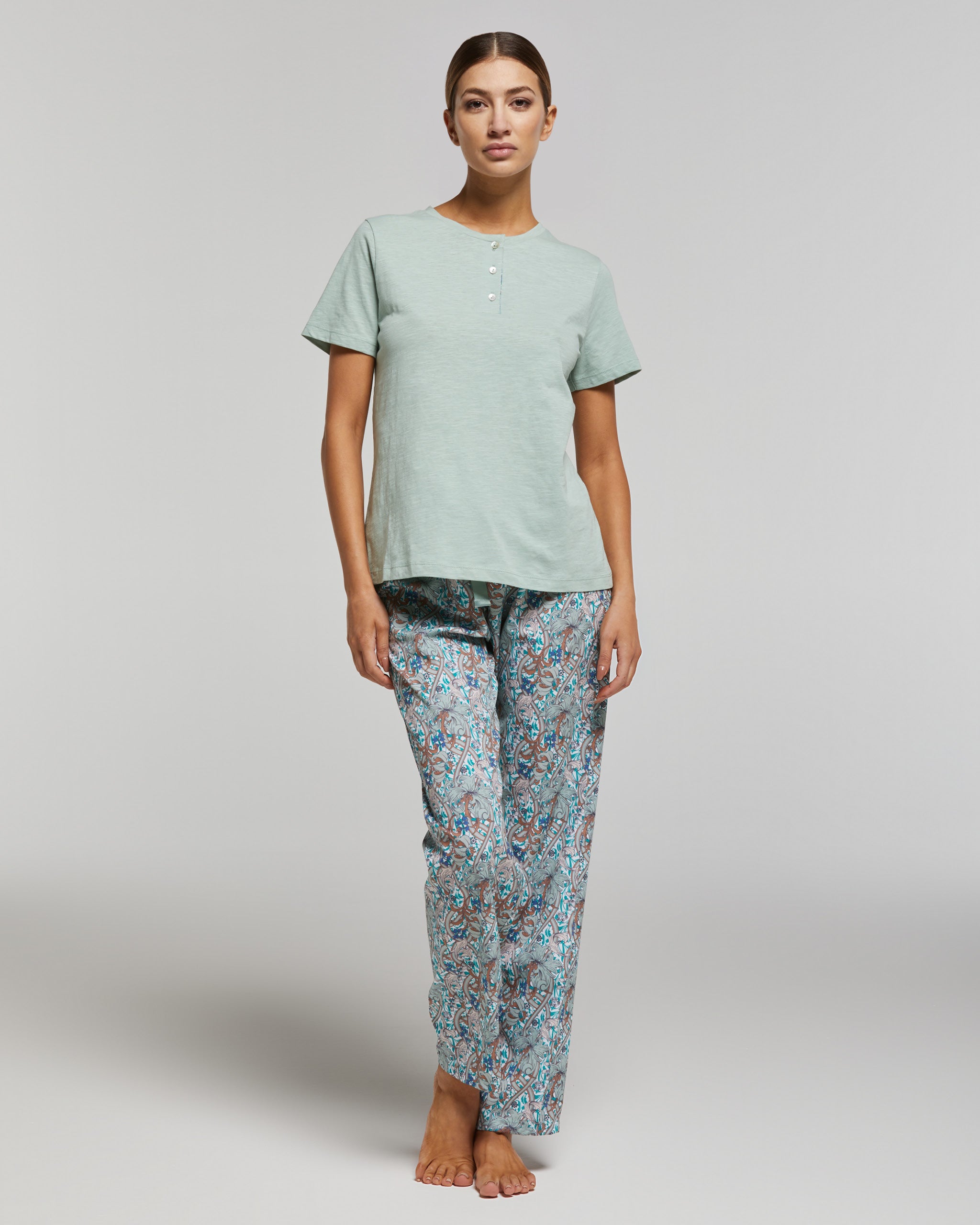 Normann Pigiama Lungo Donna In Spugna – Motivo Righe E Cristalli Di Ghiaccio, Colore Menta, Taglia Large, Lavabile A 60°