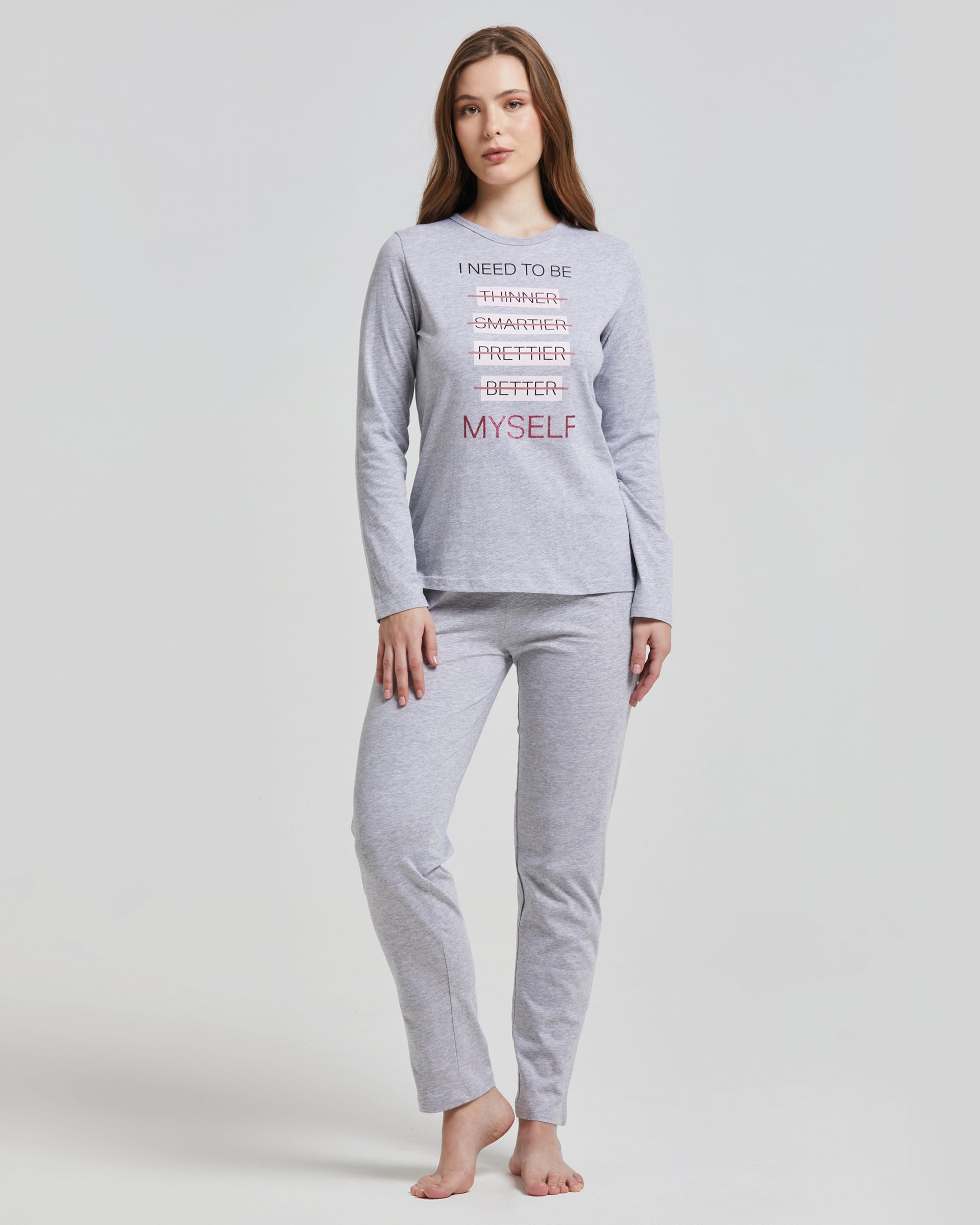 Normann Pigiama Donna Maniche Lunghe In Cotone – Strisce Grigio Mélange – Taglie Forti 44-46 - 4
