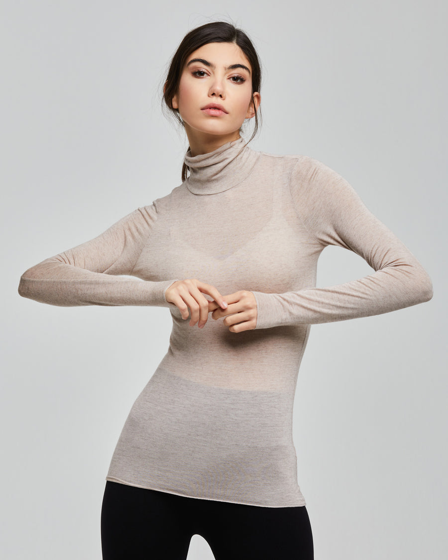 Modal cashmere high neck top, melange brown, Pompea