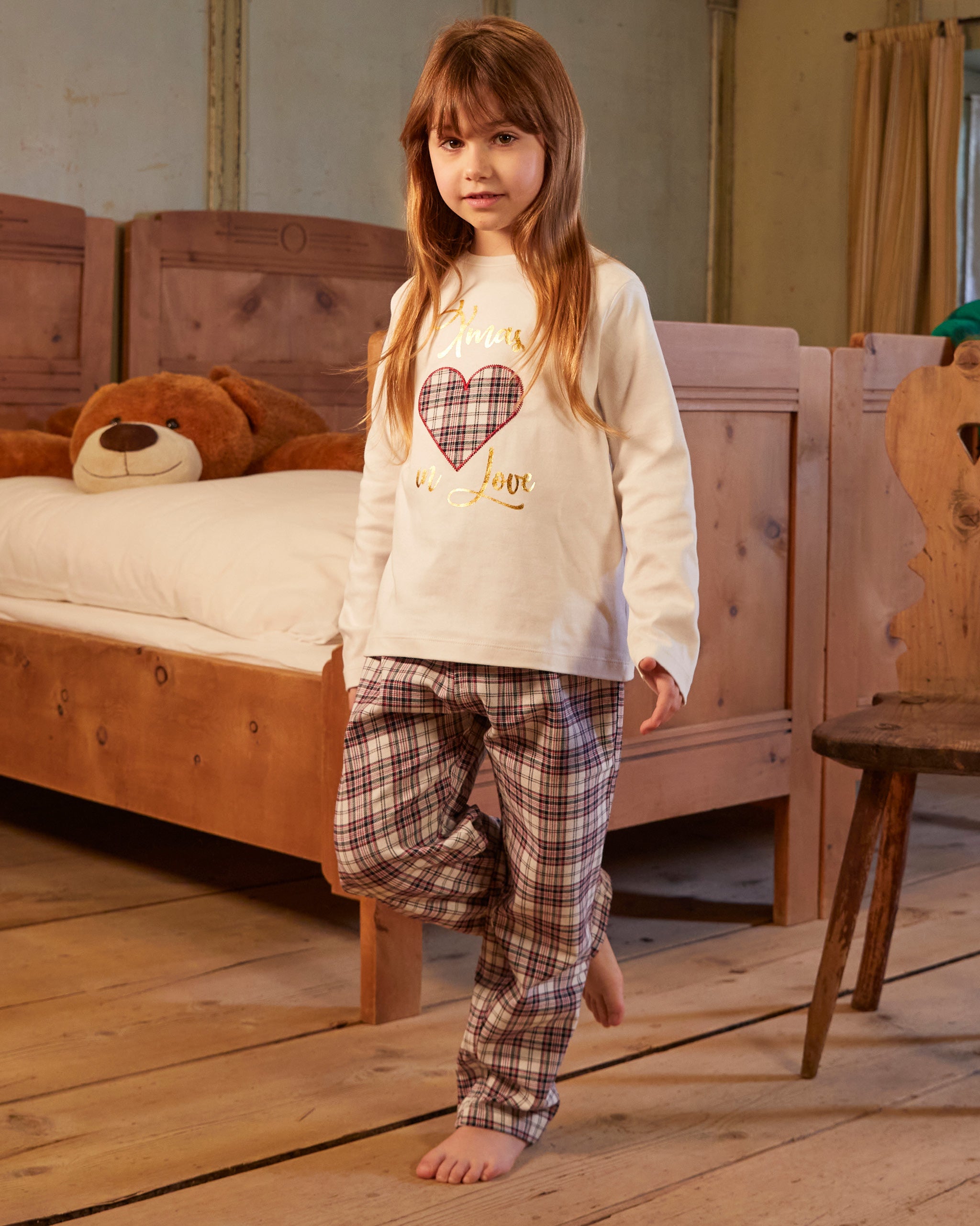 Pyjama long en coton interlock et flanelle Love Xmas fille