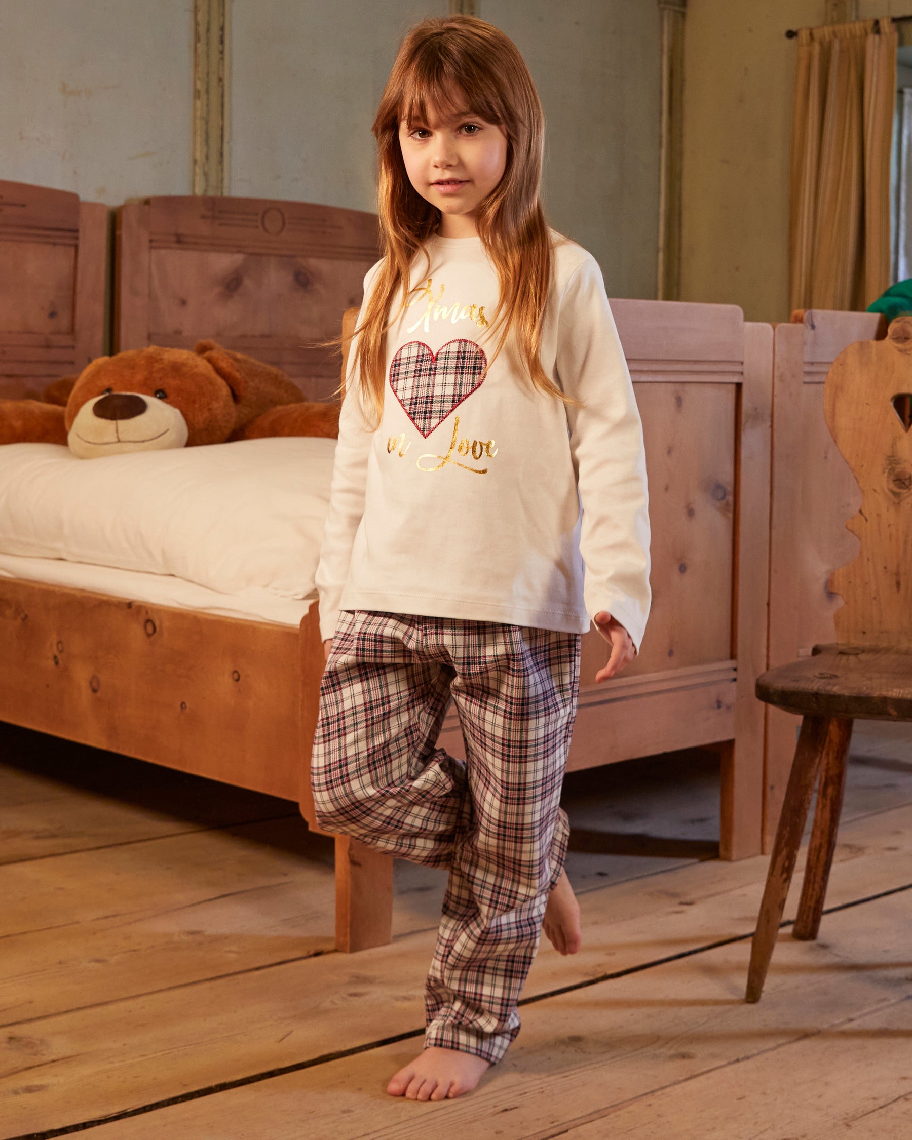 Girl's Christmas pyjamas in interlock cotton and flannel 